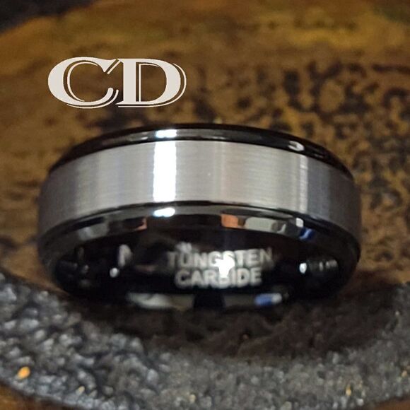 Men's Real Black and silver Tungsten Wedding Ring Black Inner Band Silver Outer - Picture 1 of 6